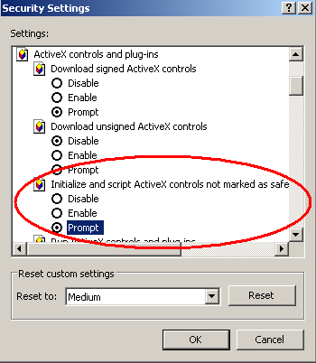 Initialize and script AciveX controls not marked as safe should be set to prompt.